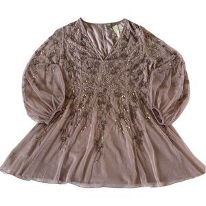 ASOS Beaded Dress Size 14 Mini Floral Purple Long Sleeve Swing Sheer Mesh Lined